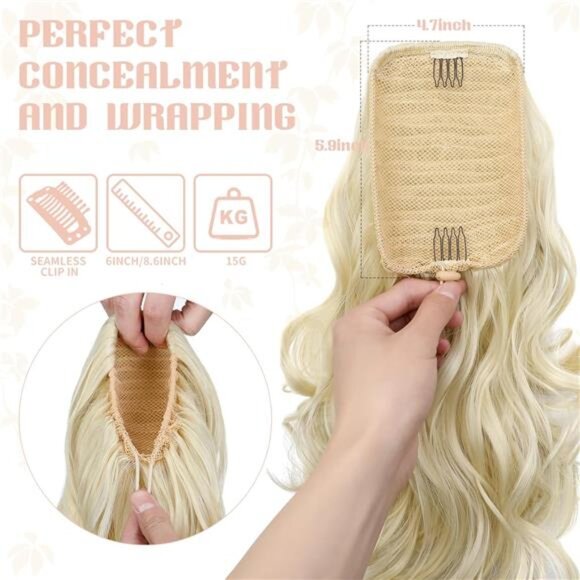 Womens 15" Ponytail Extension Drawstring Curly Wavy Ash Blonde - Picture 3 of 5
